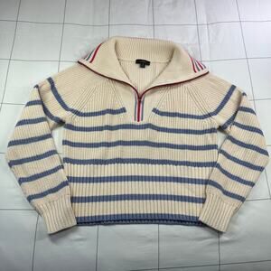 J.Crew Sweater Womens Medium Cream Striped Zip Up Preppy Classic Coastal Knit